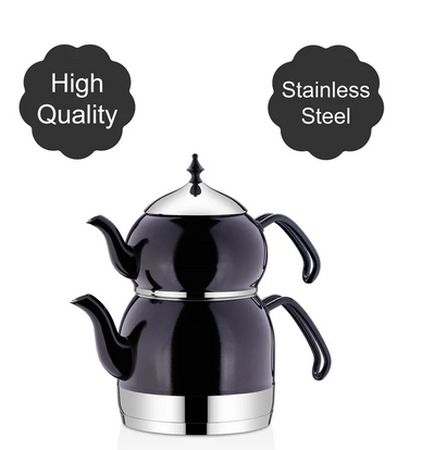 Korkmaz A226 Rena Black Turkish Teapot Set for Stovetop Samovar Style Black Kettle with 37.2 Oz(1100ml) & 81.1 Oz (2400ml)