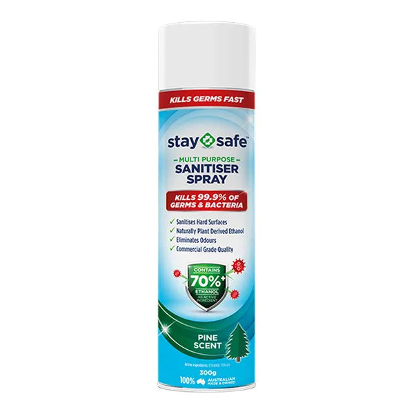 Stay Safe Sanitiser and Disinfectant Surface Spray Sanitiser Pine Scented, 300g Can