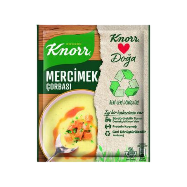 Knorr lentil soup mix in a green and white pack.